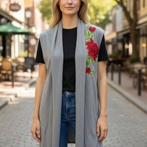 Chic Embroidered Red Roses Sleeveless Cardigan – 100% Rayon